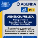 Audiência pública nesta terça-feira vai discutir transparência e legalidade nos serviços públicos municipais Audiência pública nesta terça-feira vai discutir transparência e legalidade nos serviços públicos municipais