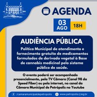 Audiência pública vai discutir política municipal de atendimento e fornecimento gratuito de medicamentos à base de cannabis medicinal pelo SUS