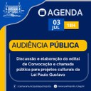 Câmara terá na próxima segunda-feira (3) audiência pública para tratar de questões relacionadas a projetos culturais da Lei Paulo Gustavo Câmara terá na próxima segunda-feira (3) audiência pública para tratar de questões relacionadas a projetos culturais da Lei Paulo Gustavo