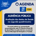 Comissão de Defesa da Saúde da Câmara confirma audiência pública nesta quinta para avaliação dos dados da Saúde no segundo quadrimestre Comissão de Defesa da Saúde da Câmara confirma audiência pública nesta quinta para avaliação dos dados da Saúde no segundo quadrimestre